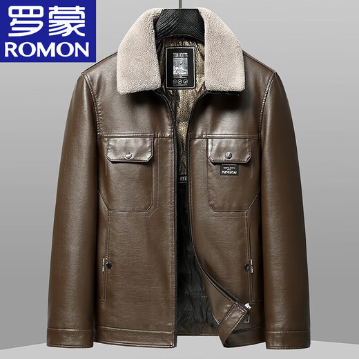 ROMON leather down men's 2026 autumn and winter new thickened warm leather jacket removable fur collar leather jacket men's jacket black 2XL reference around 140-155