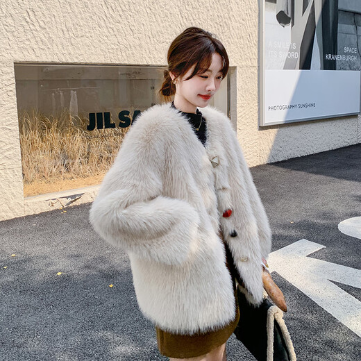 
Yiyi pure small fragrant style environmentally friendly fur plush coat for women's winter golden silk fox fur Korean popular street fur coat on white S
