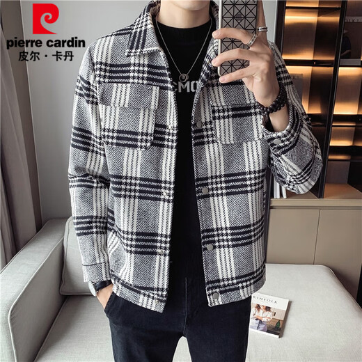 皮尔卡丹（pierre cardin）小香风夹克外套男士秋季2025新款潮流格子翻领加厚毛呢休闲春秋装 719 白 S 70-85斤