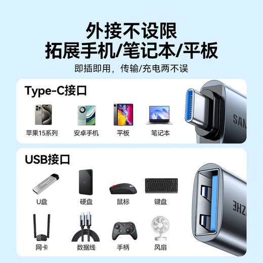 
Shanze Type-c adapter USB3.2Gen1 Android phone OTG data conversion headline Apple 15/16 Huawei iPad tablet connected to USB disk card reader keyboard and mouse car connection Type-c to USB3.2 [Hot sale]