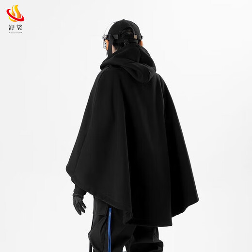 Shushuang 2025 autumn and winter large size heavy industry cloak men's heavy functional loose coat shawl fake two-piece hooded jacket black regular XL recommended 115-145Jin Jin equals 0.5 kg