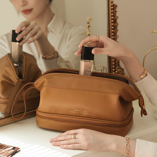 ToMill Cosmetic Bag Women's Large Capacity Storage Bag Leather Cosmetics Storage Bag Business Travel Dry and Wet Separation Washing Bag Yunduo-Rose Pink