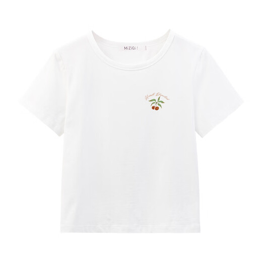 Miziqi 2025 Sommer Neues schlanker gedruckter runder Nacken kurzärmeliges Frauen-T-Shirt-Top lässt Sie schlank aussehen. Aprikose 9742 kleine linke Brust, weiße L/106-115jin [Jin entspricht 0,5 kg]