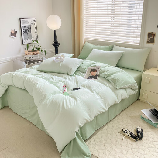 Yalu Home Textiles Four-piece set of pure cotton naked sleeping 100 cotton sheets and quilt cover cover single and double 1.5m 1.8 meters bedding Algae green + moonlight green 2.2*2.4m quilt cover [quilt cover single piece]