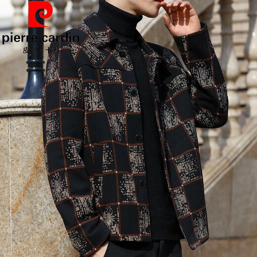 Pierre Cardin men's high-end short lapel jacket spring and autumn casual business color-blocked executive plaid buttoned top black regular XL 120-135Jin Jin equals 0.5 kg