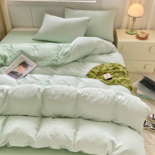 Yalu Home Textiles Four-piece set of pure cotton naked sleeping 100 cotton sheets and quilt cover cover single and double 1.5m 1.8 meters bedding Algae green + moonlight green 2.2*2.4m quilt cover [quilt cover single piece]
