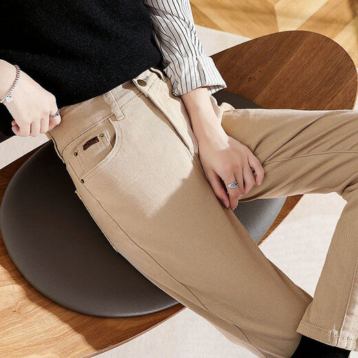 Geyun Jeans Women's 2025 Spring and Autumn New Style Wearing Straight Wide Legs Khaki Cotton Pants Plus Fleece Thickened Smoke Pants Women's Khaki One Buckle [Fleece Thickened] 13588 27 (96 to 105Jin [Jin equals 0.5 kg])