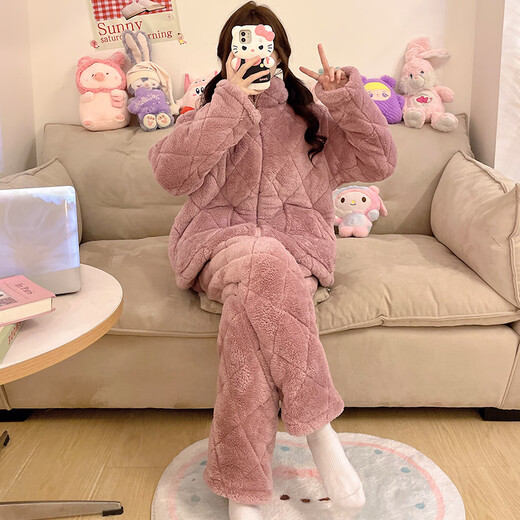 Mengluan three-layer cotton pajamas for women with velvet thickened sweet soft girl age-reducing long-sleeved suit autumn and winter coral velvet home clothing 9906MF solid color pocket rose powder XL