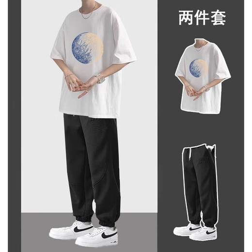 VZVG夏季潮流套装男短袖T恤痞帅气搭配束脚休闲裤学生两件套韩版男装 【2件装】T51棉T恤灰色+838裤杏 L