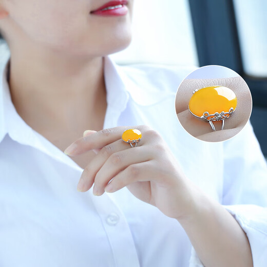 Core fragrance beeswax ring chicken fat yellow old honey 925 silver gold plated wine red blood amber amber ring for men and women natural chicken fat yellow + gold ring base 2 pieces with bracelet default