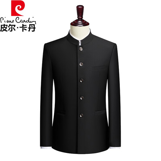 Pierre Cardin tunic men's youth slim suit dad suit wedding performance suit wedding dress student Republic of China Tang suit black jacket + pants XL