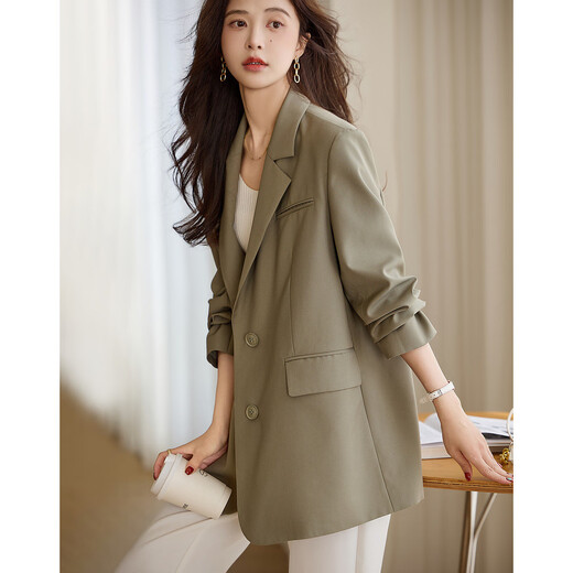 Demana Luxurious and Slim Spring and Autumn Suit Collar Loose Long Sleeve TR Slit Suit Jacket Women's Short Light Green L