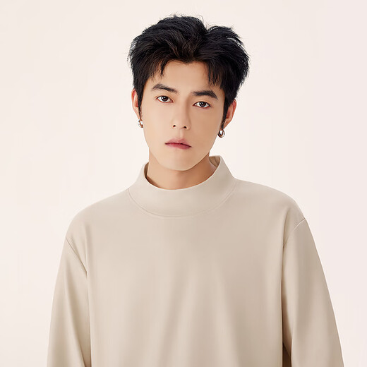 MINISO bottoming shirt men's winter high-end lining brushed texture half turtleneck plus velvet long-sleeved T-shirt white L