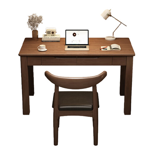 Feng Ye Qingqing solid wood desk home modern minimalist office desk computer desk bedroom study table small apartment student writing desk walnut color desk + horn chair ready in stock 100cm*55cm*75cm double drawers