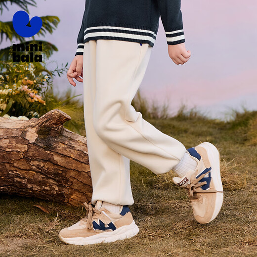 Mini Bala mini parent-child jumping pants for boys and girls autumn and winter plus velvet trousers light khaki 50311 120