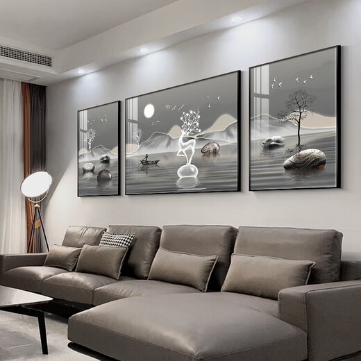 
Chengzi's high-end sofa background wall decoration paintings, light luxury high-end living room hanging paintings, elk triple paintings, murals, atmospheric wall paintings, K11972, 50*70 left and right 90*70 crystal porcelain metal black frame
