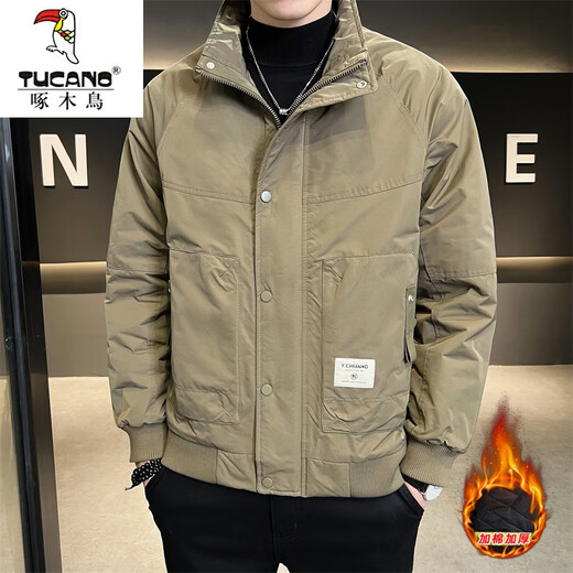 Woodpecker (TUCANO) Cotton Thickened Men's Warm Jacket Autumn and Winter New Style Jacket Casual Trendy Versatile Workwear Stand Collar Men's Cotton Jacket 858 Cotton Jacket Khaki XL 130-140Jin Jin is equal to 0.5 kg