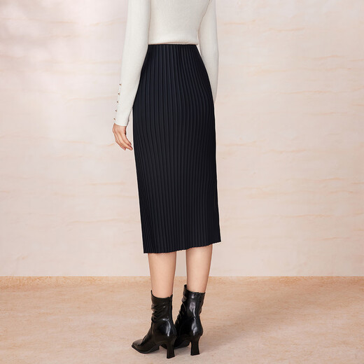 Pink and blue wardrobe [Accordion pleated skirt] 2024 autumn and winter new elastic straight slit skirt 5A5Q967 ink black L