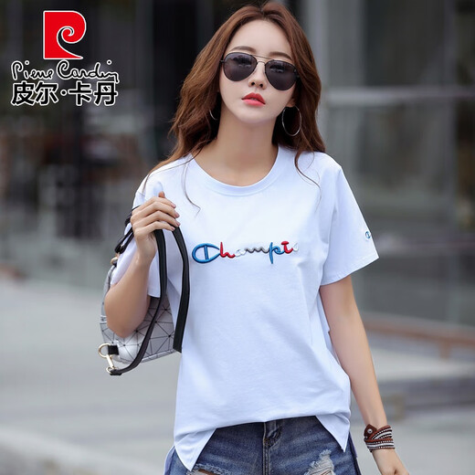 Camiseta de algodón de algodón de algodón de Pierre Camiseta bordada de manga corta Femenina de mujer Gran tamaño de moda 2025 Summer NUEVO VERSATIL 9922 AZUL S 90-110JIN [Jin iguala 0.5 kg]