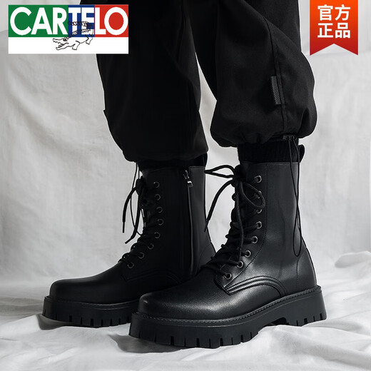 卡帝乐鳄鱼（CARTELO）英伦风ins黑色马丁靴男潮流秋季新款真皮工装机车靴韩版高帮靴子 黑色 43