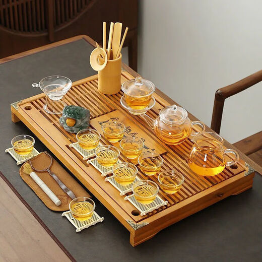 Zhuang Ziran Kung Fu Tea Set Household Tea Tray Complete Set Fully Automatic Kettle Integrated Tea Tray Office Reception Tea Table Teapot Immediate Success Tea Tray + Glass Tea Set 14 Pieces