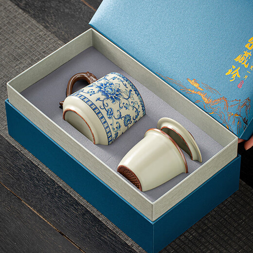 Gold inlaid jade imitation Song Dynasty Ru kiln tea cup ceramic filtered water cup mug office household entangled lotus blue and white