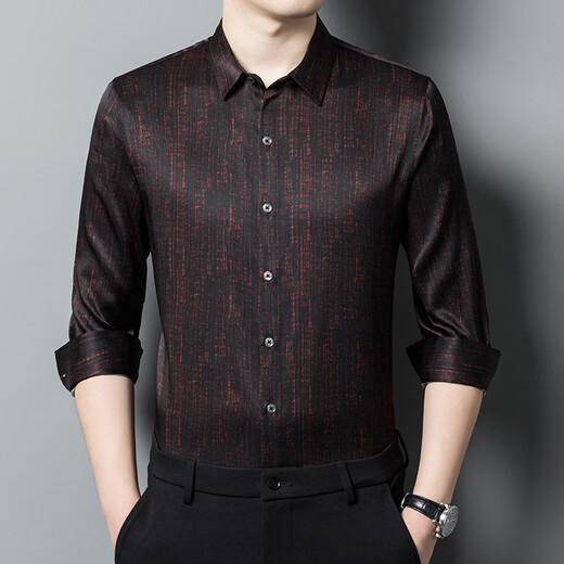 Elison mulberry silk printed middle-aged and elderly men's high-end light luxury casual dad wear long-sleeved silk satin autumn and winter new style red 2XL/185