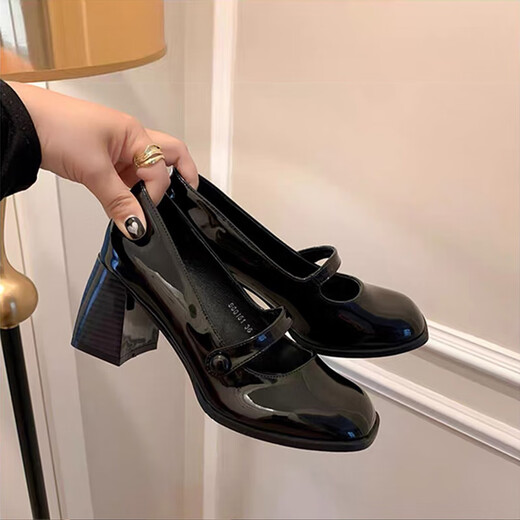 Jin [Jin est égal à 0,5 kg] Mu French High Talons Small Xiangfeng Bouche peu profonde Chaussures célibataires pour femmes 2025 printemps et été nouveau talon épais polyvalent Mary Zhen Small Leather Shoes Black [6,5 cm] 37