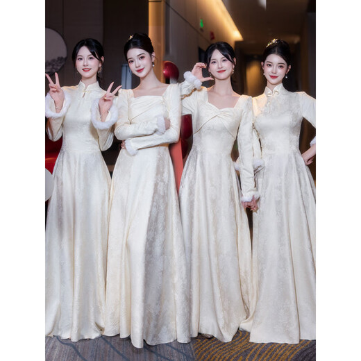 创京懿选伴娘服秋冬款中式2024新款姐妹团晚礼服裙女宴会气质平时可穿冬季 香槟色A中式两件套 襟1098 L