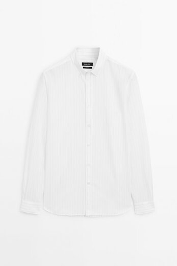 Massimo Dutti Rabatt Upgrade 2025 Männer lässig Smart Pendelstil Solid Color Standard Version Pinstripe Shirt 00176716 White M.