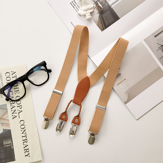 Han Chang retro all-match elastic British elastic non-slip children's suspender clips for boys and girls, adjustable suspenders for large and small children, leather and khaki color, children's four clips
