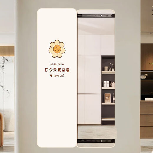 珠筠弘铁隐藏式全身镜子贴墙隐形推拉画卧室穿衣镜玄关走廊铝合金装饰 太阳花[奶油杏-默认左推拉] 40*150厘米[闪点膜+画框+防爆镜