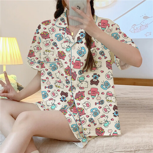 Pyjamas pour femmes trois pièces d'été japonais ins mignon carton pantalon à manches courtes petites et mignons ensembles de vêtements maison wzl1479 m [80-100jin recommandés [Jin est égal à 0,5 kg]]]