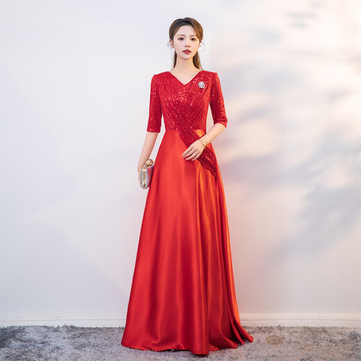 Weixuan high-end annual meeting female host dress host dress 2024 new evening dress long banquet birthday party champagne color 3XL130Jin Jin equals 0.5 kg one size