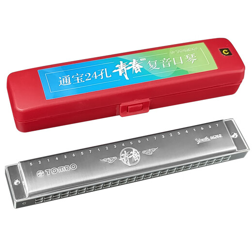 通宝（TOMBO）青春系列24孔复音口琴新手初学者进阶入门乐器6624Q金属琴格款 24孔-银色金属琴格 D调