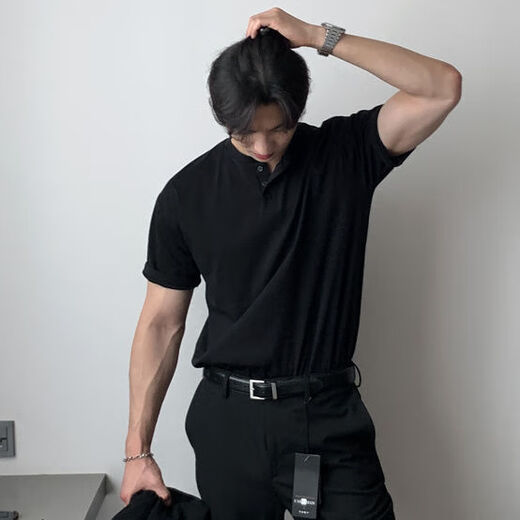 探锋鸟新款亨利领T恤衫男polo美式复古短袖成熟稳重健身运动硬汉风韩版 黑色高品质 2XL