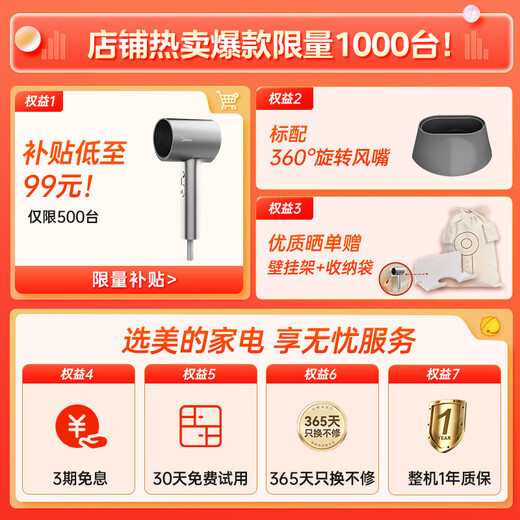 Midea Hair Dryer Home Portable Hair Dryer Negative Ion Does Not Harm Hair High Power Constant Temperature Quick Drying High Wind Hair Dryer Men and Women Couple Holiday Birthday Goddess Gift 1600W+150 Million Negative Ions Starlight Silver