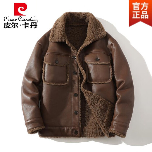 Pierre Cardin Brown Suede Jacket Men's Fur One-piece Plus Velvet Thickened Lamb Wool Jacket Trendy Large Size Motorcycle Leather Jacket Brown L (Light Business)