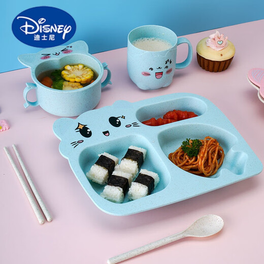 迪士尼（Disney）卡通小麦秸秆儿童餐具五件套儿童学生分格餐盘家用吃饭勺筷套装 粉色【餐盘】