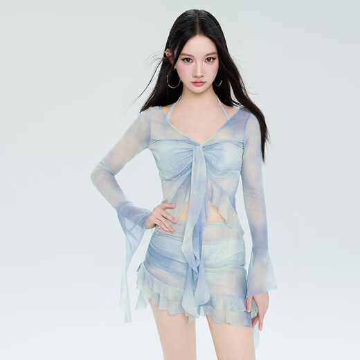 Yansha swimsuit women's split shirt four-piece set covering belly to make you look slim and sexy and conservative flat corner hot spring vacation swimsuit blue L