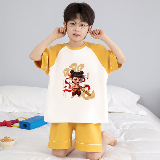 Disney 2025 neuer Sommerjunge Pyjama Kurzärärmelte Nezha Kinder Jungen Baby Medium und große Jungen Home Kleidung Set F-810# Red Nezha 100 [Höhe 1105-115 cm]