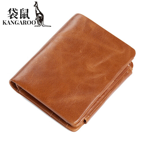 袋鼠（KANGAROO）复古休闲男士真皮钱包RFID防盗刷多功能大容量双拉链零钱袋钱夹 咖啡色