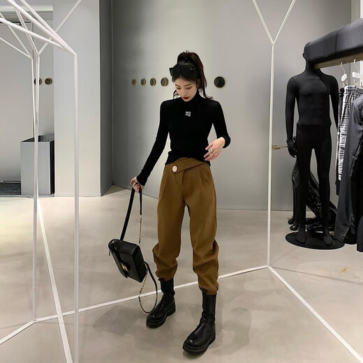 韦戒搭配马丁靴裤子呢工装女秋冬新款宽松显瘦学生百休闲加厚束脚哈伦 9885毛呢黑色（加绒） S