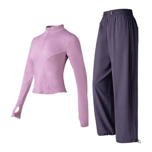 Vansydical Fitness Wear Women's Professional Running Sports Suit Long Sleeve Pilates Training Yoga Suit Light Purple + Purple Gray Two-piece Set TC73063 XL (Recommended 120-135 Jin Jin equals 0.5 kg)
