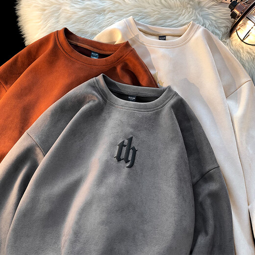 Dingfengbaoluo sweatshirt men's spring round neck suede long-sleeved top loose American trendy brand DFL05 dark gray L