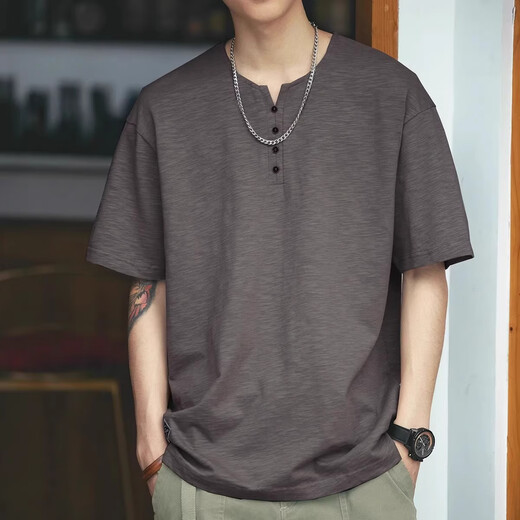 Kuraishi Kazuki Sommer amerikanisches Retro-Bambus-Kurzarm-T-Shirt Herren-Henry-Shirt trendige lässige Herrenbekleidung dunkelgrau XL