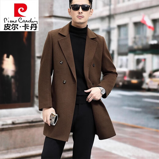 Pierre cardin high-end white goose-vulpe liner double-sided wool woolen coat men thickened winter mid-length wool trench coat men caramel color 170/M