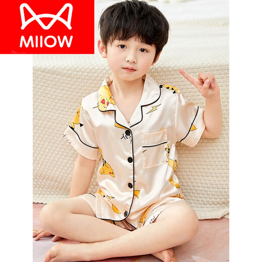 
Cat Man (MiiOW) Children's Ice Sense Boy Thin Summer Short Sleeve Boy Silk Pajamas Women's Silk Summer Baby Air Conditioning Home Clothing Set X Printed Short Silk 673 Bikachu Men M 16 size Height 140 150c