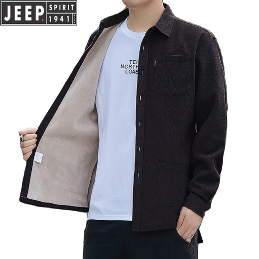 JEEP corduroy shirt men's spring, autumn and winter new solid color non-iron plus velvet thickened shirt middle-aged and elderly warm tops for men Oatmeal corduroy warm 688 plus velvet XL recommended 130-150Jin Jin equals 0.5 kg