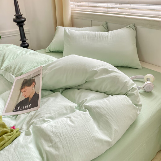 Yalu Home Textiles Four-piece set of pure cotton naked sleeping 100 cotton sheets and quilt cover cover single and double 1.5m 1.8 meters bedding Algae green + moonlight green 2.2*2.4m quilt cover [quilt cover single piece]